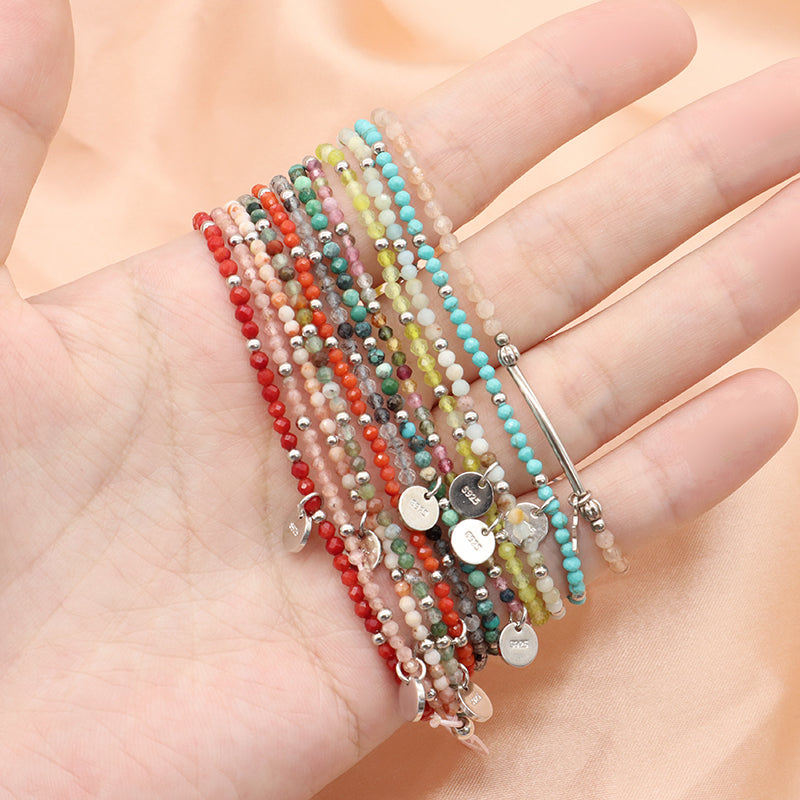OEM Wholesale Custom Adjustable Handmade Women Energy 925 Sterling Silver Braided Woven Macrame Natural Stone Beads Bracelet