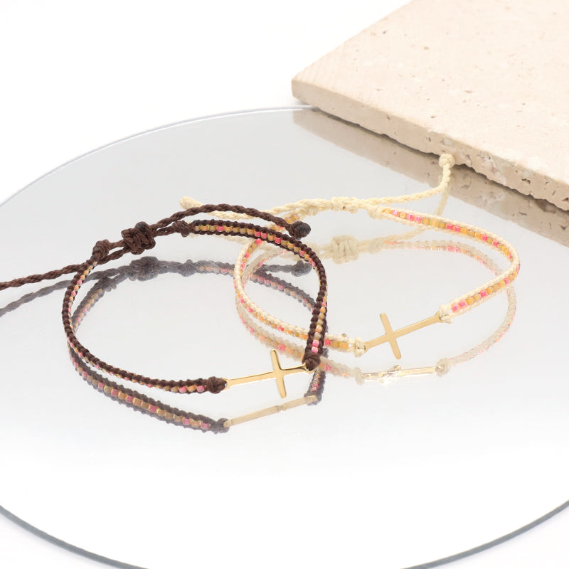 Custom Handmade Wholesale OEM Fashionable Women Jewelry Adjustable Braided Woven Macrame Miyuki Beads Cross Charm Bracelet