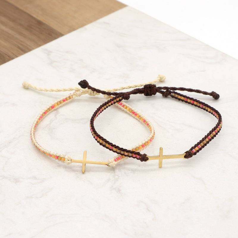 Custom Handmade Wholesale OEM Fashionable Women Jewelry Adjustable Braided Woven Macrame Miyuki Beads Cross Charm Bracelet