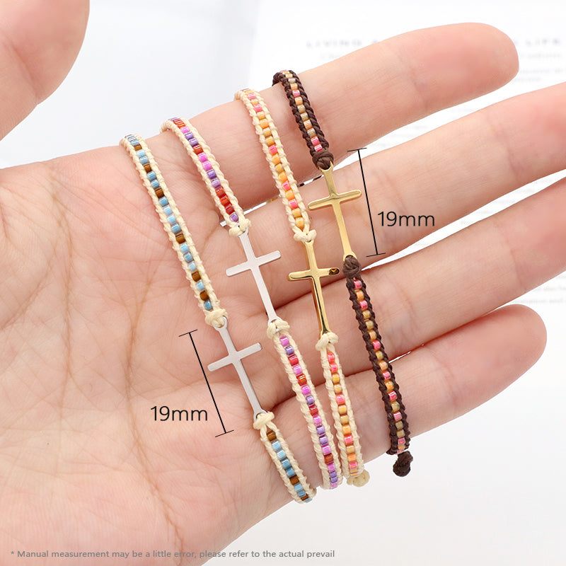 Custom Handmade Wholesale OEM Fashionable Women Jewelry Adjustable Braided Woven Macrame Miyuki Beads Cross Charm Bracelet