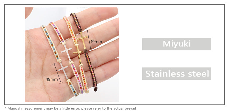 Custom Handmade Wholesale OEM Fashionable Women Jewelry Adjustable Braided Woven Macrame Miyuki Beads Cross Charm Bracelet