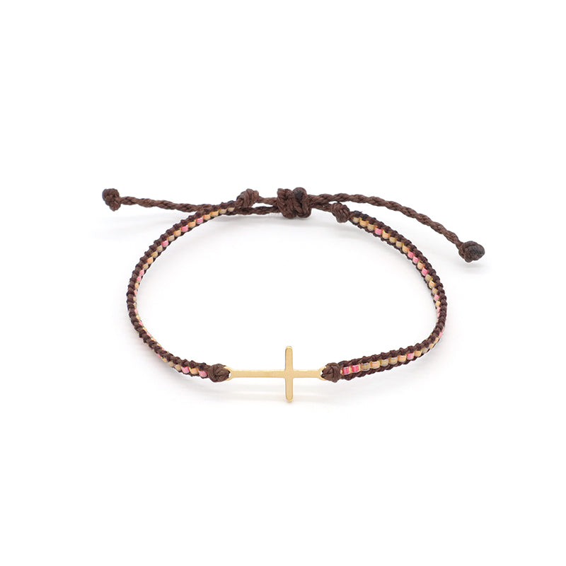 Custom Handmade Wholesale OEM Fashionable Women Jewelry Adjustable Braided Woven Macrame Miyuki Beads Cross Charm Bracelet