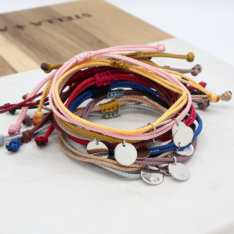 Various Color OEM Manufacture Custom Handmade Fashion Gift Braided Rope Adjustable 925 silver sterling Round Charm Bracelet
