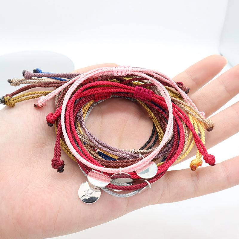Various Color OEM Manufacture Custom Handmade Fashion Gift Braided Rope Adjustable 925 silver sterling Round Charm Bracelet