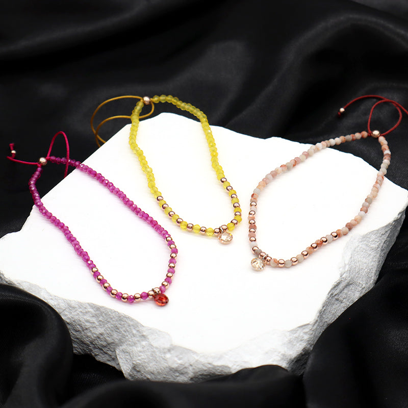 Handmade Wholesale Custom OEM Adjustable Women Macrame Energy Gold Plated 925 Sterling Silver CZ Charm Natural Stone Bracelet