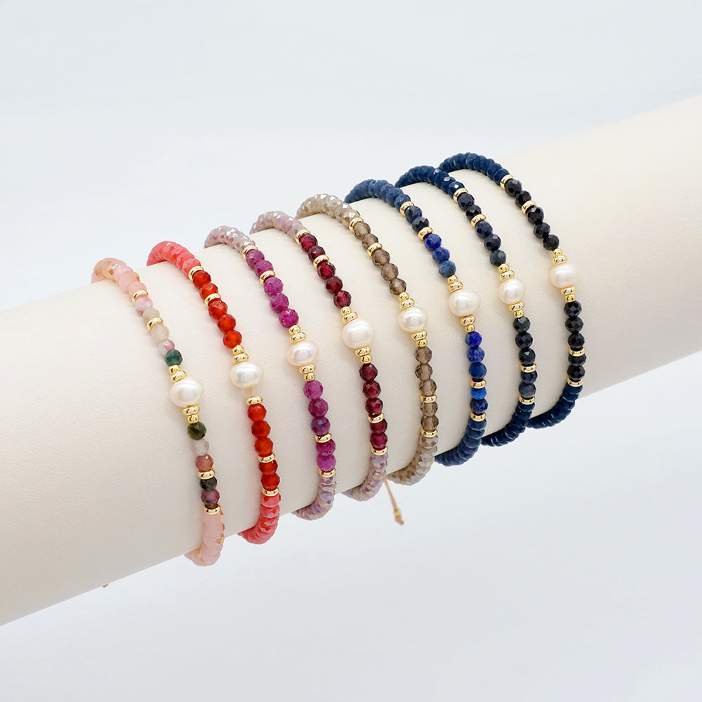 OEM Customized Fashion Handmade Wholesale Women Macrame Gold Plated Charm Adjustable Fresh Water Pearl Natural Stone Bracelet