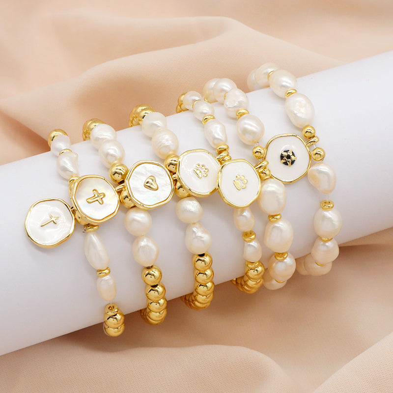 Gold Plated Brass Bead Handmade Custom Women Gift Natural Fresh Water Pearl Bracelet With Enamel Charm