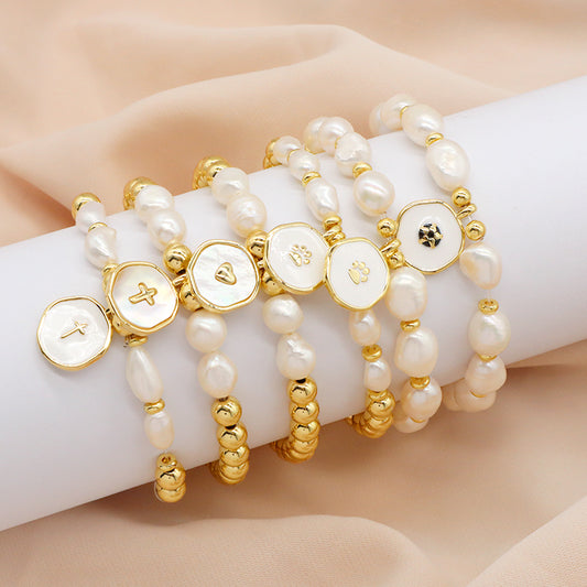 Gold Plated Brass Bead Handmade Custom Women Gift Natural Fresh Water Pearl Bracelet With Enamel Charm