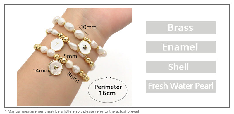 Gold Plated Brass Bead Handmade Custom Women Gift Natural Fresh Water Pearl Bracelet With Enamel Charm