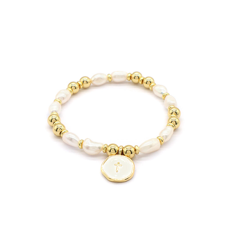 Gold Plated Brass Bead Handmade Custom Women Gift Natural Fresh Water Pearl Bracelet With Enamel Charm