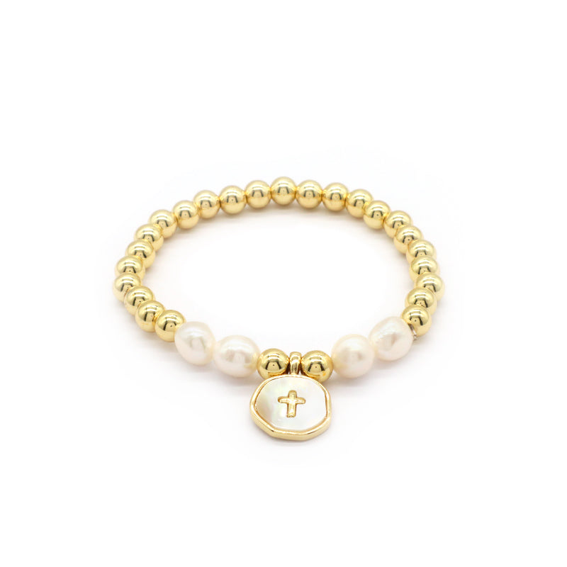 Gold Plated Brass Bead Handmade Custom Women Gift Natural Fresh Water Pearl Bracelet With Enamel Charm