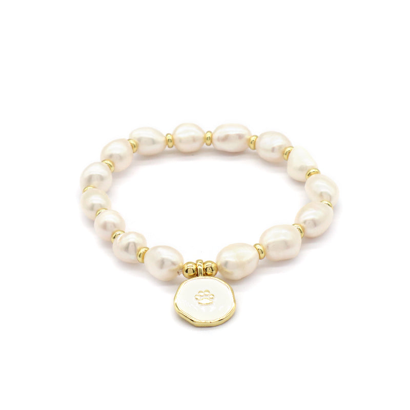 Gold Plated Brass Bead Handmade Custom Women Gift Natural Fresh Water Pearl Bracelet With Enamel Charm