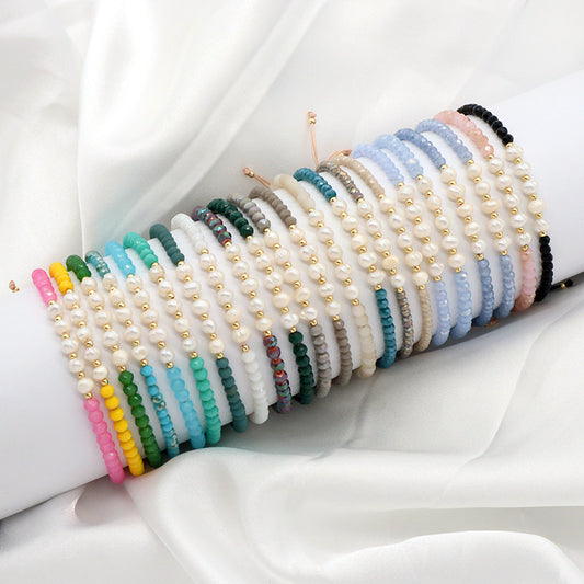 Handmade Wholesale Women OEM Customized Fashion Macrame Gold Plated Charm Adjustable Fresh Water Pearl Glass Crystal Bracelet