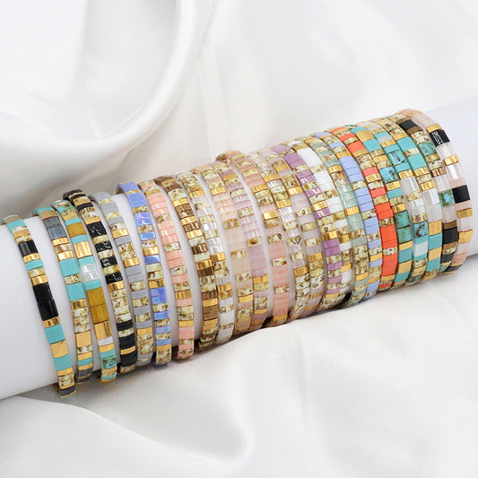 Wholesale Handmade Fashion Women Girl Gift Custom Boho Colorful Miyuki Jewelry Elastic Flat Tila Miyuki Bracelet