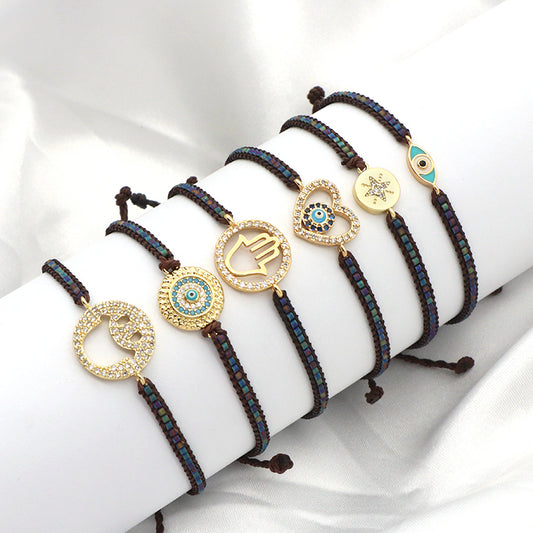 OEM Custom Wholesale Handmade Adjustable CZ Woven Gift Macrame Hand Heart Evil Eyes Smiling Face Charm Miyuki Beads Bracelet