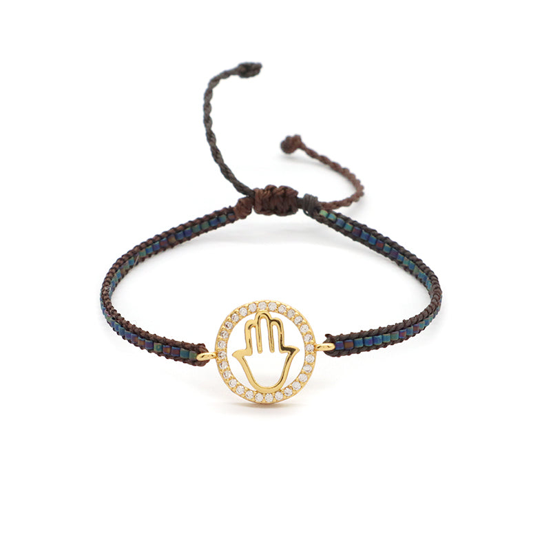 OEM Custom Wholesale Handmade Adjustable CZ Woven Gift Macrame Hand Heart Evil Eyes Smiling Face Charm Miyuki Beads Bracelet