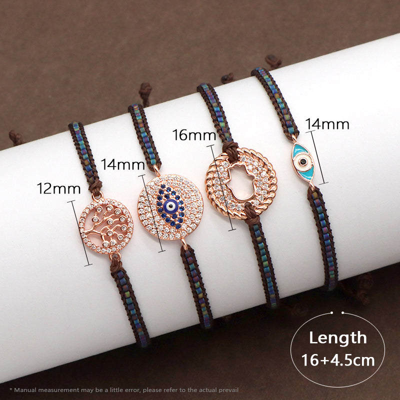 Handmade OEM Custom Wholesale Adjustable CZ Woven Gift Macrame Hand Life Tree Evil Eyes Cross Hand Charm Miyuki Beads Bracelet