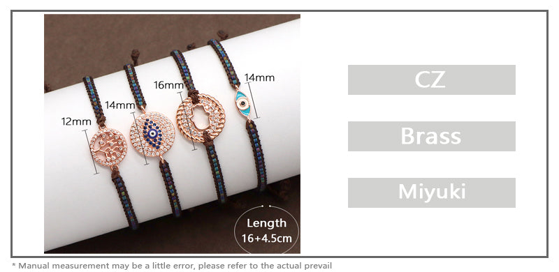 Handmade OEM Custom Wholesale Adjustable CZ Woven Gift Macrame Hand Life Tree Evil Eyes Cross Hand Charm Miyuki Beads Bracelet