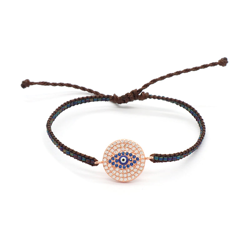Handmade OEM Custom Wholesale Adjustable CZ Woven Gift Macrame Hand Life Tree Evil Eyes Cross Hand Charm Miyuki Beads Bracelet