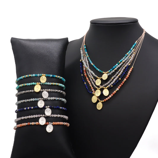 Handmade Natural Stone Beads Gold Plated 925 Sterling Silver Charms Necklace Bracelet Jewelry Set