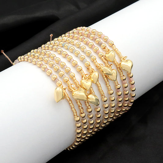 Wholesale Custom Fashionable Trendy Women Handmade Adjustable Macrame Gold Plated 925 Sterling Silver Heart Pendant Natural Stone Bead Bracelet For Gift