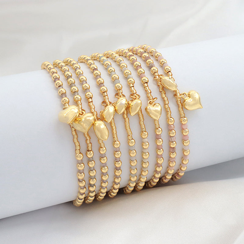 Wholesale Custom Fashionable Trendy Women Handmade Adjustable Macrame Gold Plated 925 Sterling Silver Heart Pendant Natural Stone Bead Bracelet For Gift