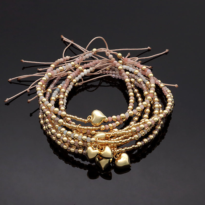 Wholesale Custom Fashionable Trendy Women Handmade Adjustable Macrame Gold Plated 925 Sterling Silver Heart Pendant Natural Stone Bead Bracelet For Gift