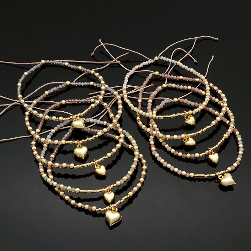 Wholesale Custom Fashionable Trendy Women Handmade Adjustable Macrame Gold Plated 925 Sterling Silver Heart Pendant Natural Stone Bead Bracelet For Gift