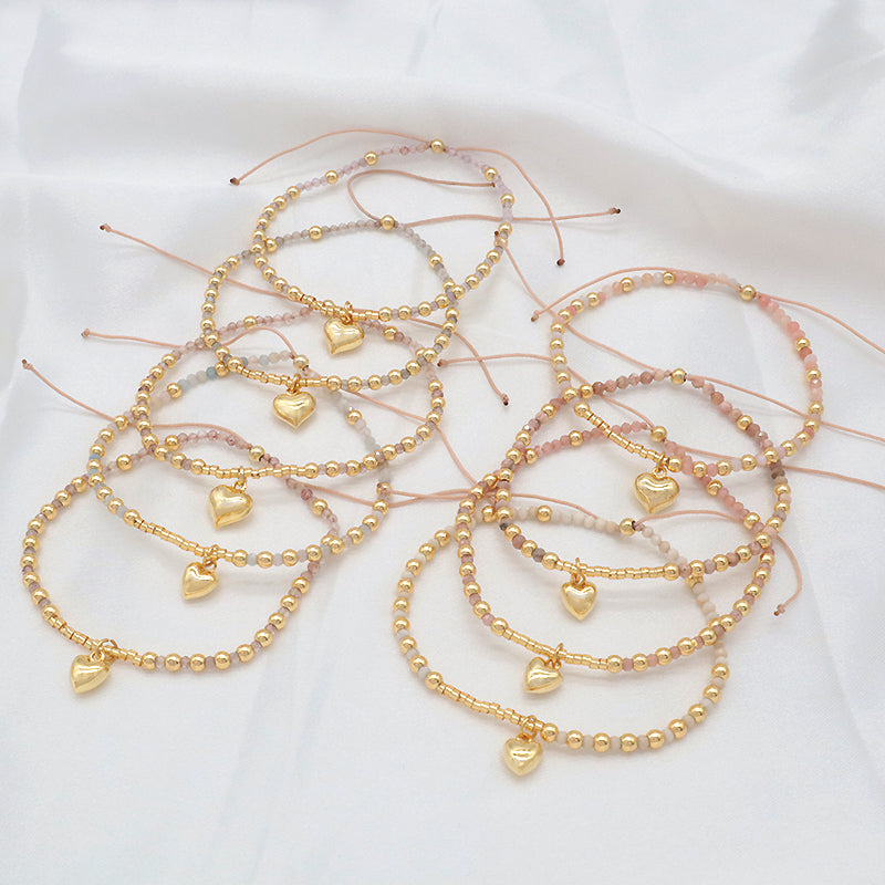 Wholesale Custom Fashionable Trendy Women Handmade Adjustable Macrame Gold Plated 925 Sterling Silver Heart Pendant Natural Stone Bead Bracelet For Gift