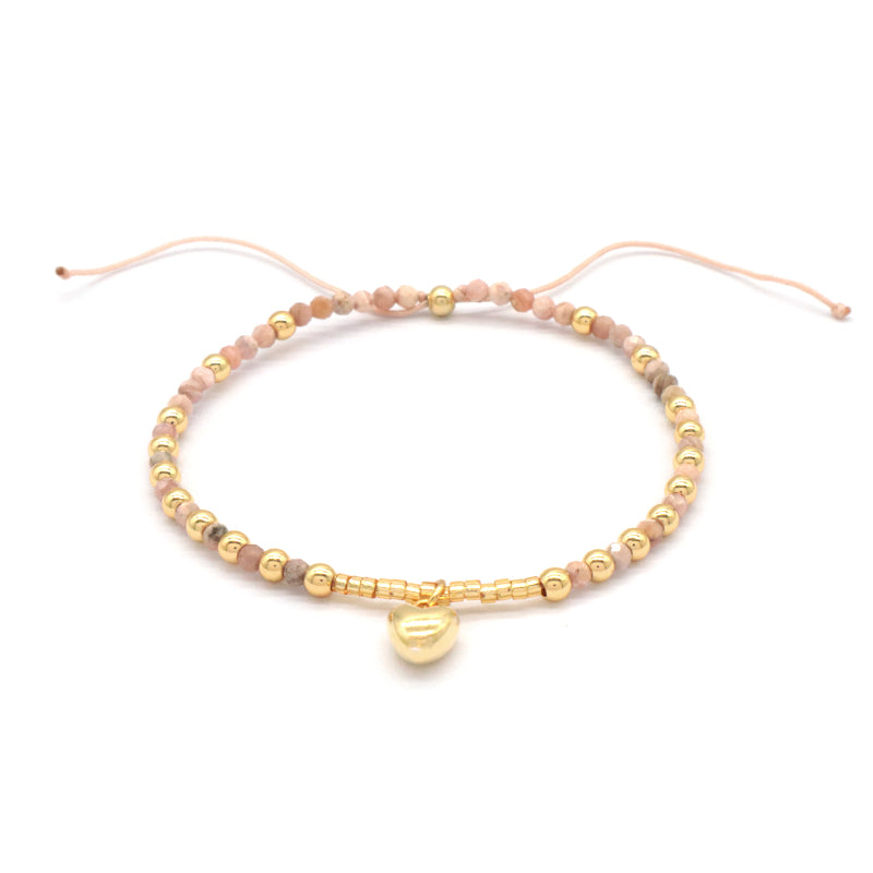 Wholesale Custom Fashionable Trendy Women Handmade Adjustable Macrame Gold Plated 925 Sterling Silver Heart Pendant Natural Stone Bead Bracelet For Gift