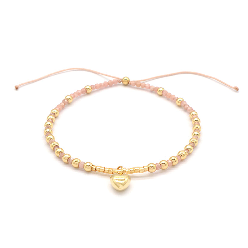 Wholesale Custom Fashionable Trendy Women Handmade Adjustable Macrame Gold Plated 925 Sterling Silver Heart Pendant Natural Stone Bead Bracelet For Gift