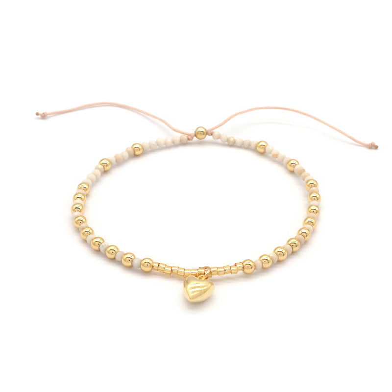 Wholesale Custom Fashionable Trendy Women Handmade Adjustable Macrame Gold Plated 925 Sterling Silver Heart Pendant Natural Stone Bead Bracelet For Gift
