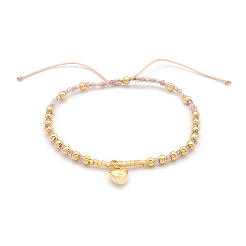 Wholesale Custom Fashionable Trendy Women Handmade Adjustable Macrame Gold Plated 925 Sterling Silver Heart Pendant Natural Stone Bead Bracelet For Gift