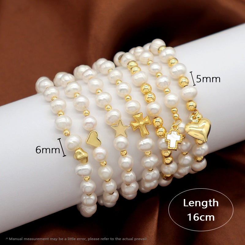 Wholesale Custom Newest Pearl Beads Brass Heart Star Charm Bracelets Jewelry Handmade Fresh Water Pearl Beaded Bracelet For Women