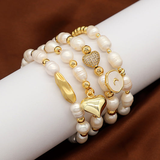 New Bulk Wholesale Handmade Fashion Customized Jewelry Gold Plated Fresh Water Pearl Heart Charm Bracelet For Women Gift
