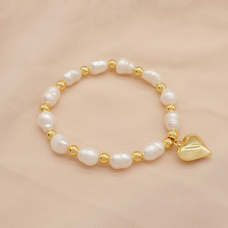 New Bulk Wholesale Handmade Fashion Customized Jewelry Gold Plated Fresh Water Pearl Heart Charm Bracelet For Women Gift