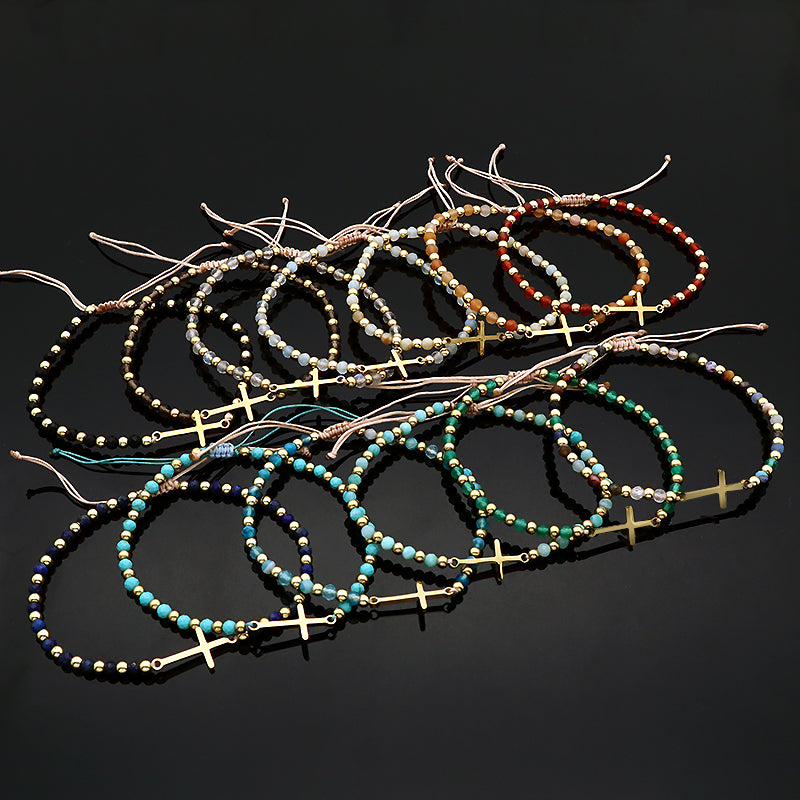 Newest Wholesale Custom Handmade Macrame Adjustable Gold Plated Stainless Steel Charm Natural Stone Bracelet For Women