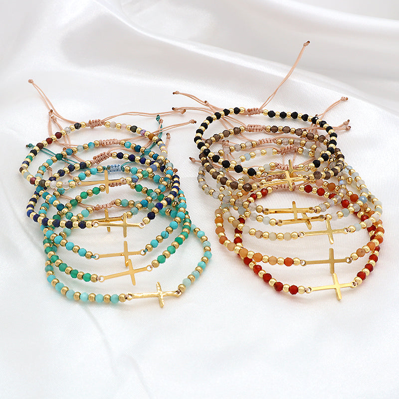 Newest Wholesale Custom Handmade Macrame Adjustable Gold Plated Stainless Steel Charm Natural Stone Bracelet For Women
