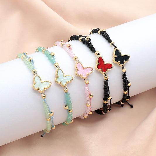 Wholesale Custom Newest Handmade Macrame Adjustable Gold Plated Butterfly Charm Glass Crystal Bracelet For Women