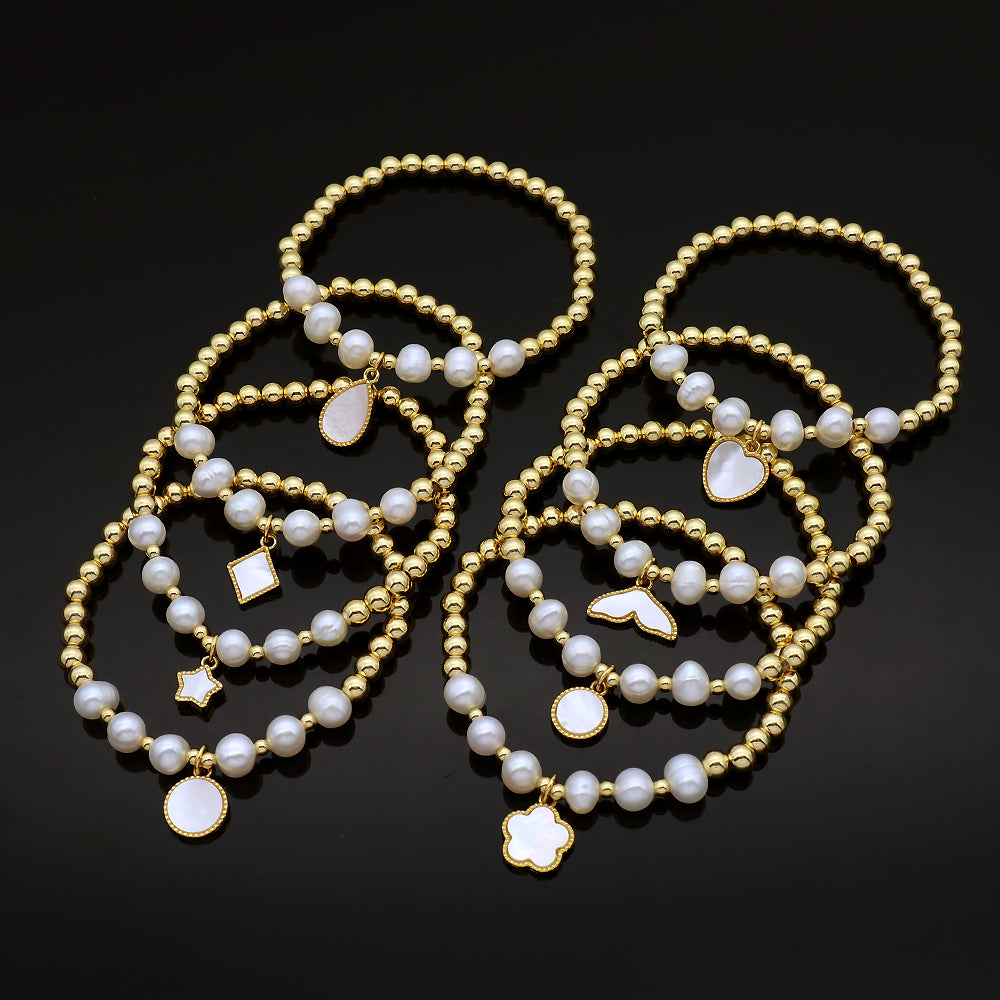 Custom Wholesale Trendy Friendship Elastic Handmade Gold Plated Brass Bead Women Gift Natural Fresh Water Pearl Bracelet With Shell Charm