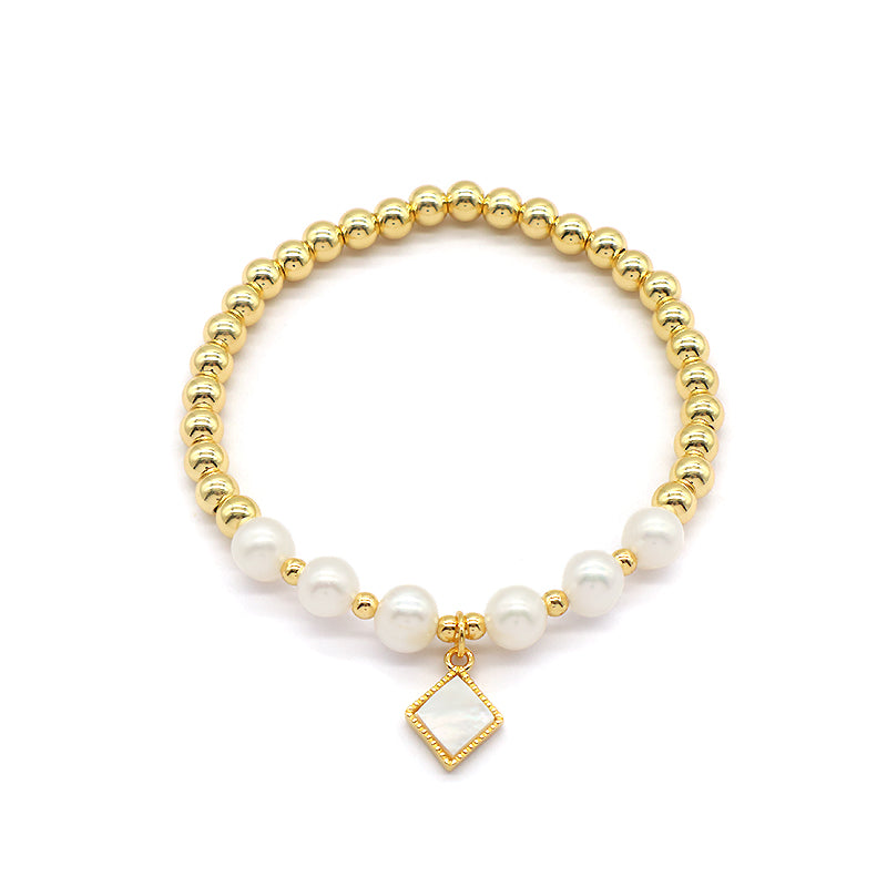 Custom Wholesale Trendy Friendship Elastic Handmade Gold Plated Brass Bead Women Gift Natural Fresh Water Pearl Bracelet With Shell Charm
