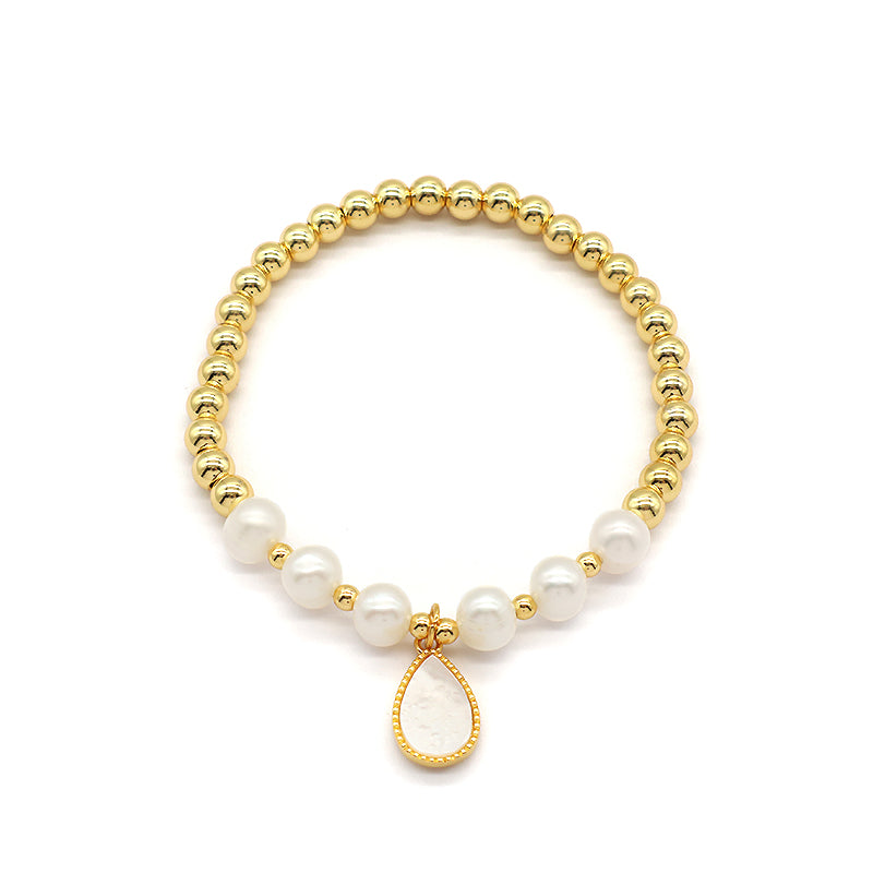 Custom Wholesale Trendy Friendship Elastic Handmade Gold Plated Brass Bead Women Gift Natural Fresh Water Pearl Bracelet With Shell Charm