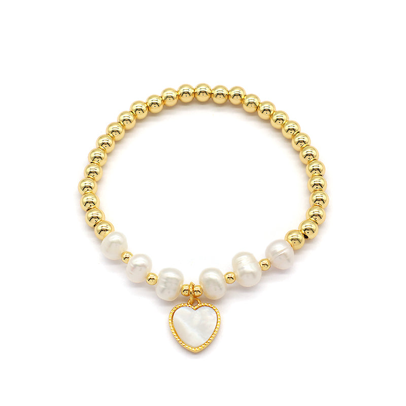Custom Wholesale Trendy Friendship Elastic Handmade Gold Plated Brass Bead Women Gift Natural Fresh Water Pearl Bracelet With Shell Charm