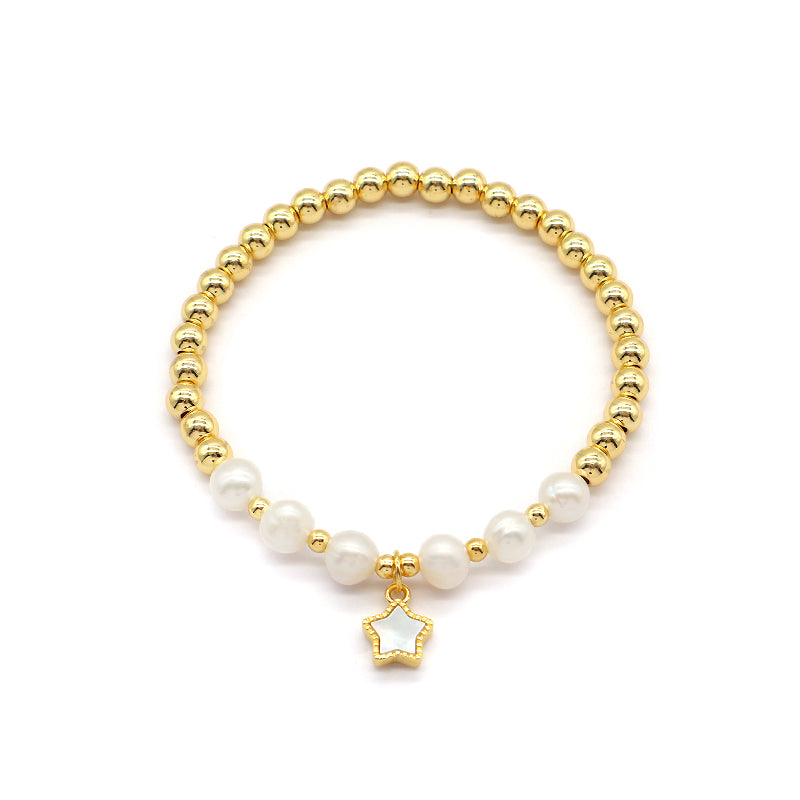 Custom Wholesale Trendy Friendship Elastic Handmade Gold Plated Brass Bead Women Gift Natural Fresh Water Pearl Bracelet With Shell Charm