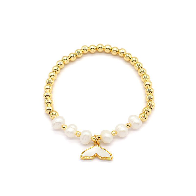 Custom Wholesale Trendy Friendship Elastic Handmade Gold Plated Brass Bead Women Gift Natural Fresh Water Pearl Bracelet With Shell Charm