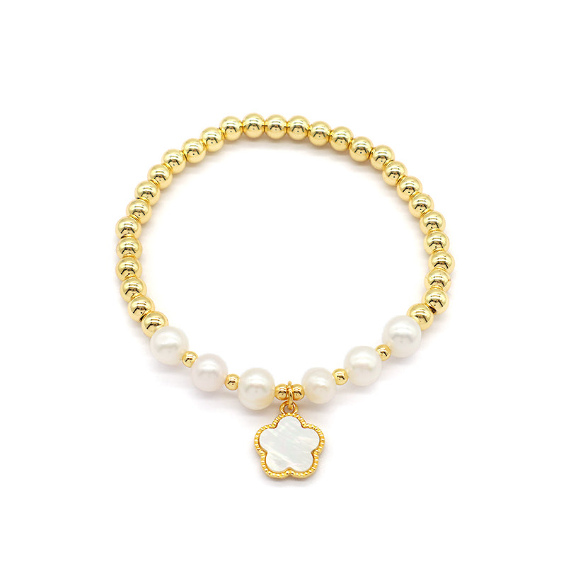 Custom Wholesale Trendy Friendship Elastic Handmade Gold Plated Brass Bead Women Gift Natural Fresh Water Pearl Bracelet With Shell Charm