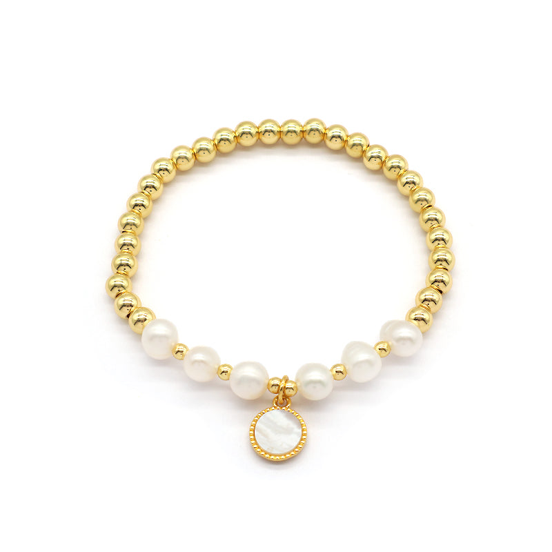 Custom Wholesale Trendy Friendship Elastic Handmade Gold Plated Brass Bead Women Gift Natural Fresh Water Pearl Bracelet With Shell Charm