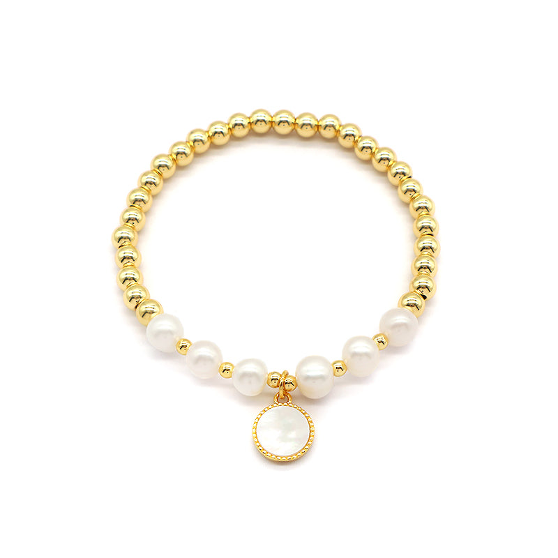 Custom Wholesale Trendy Friendship Elastic Handmade Gold Plated Brass Bead Women Gift Natural Fresh Water Pearl Bracelet With Shell Charm