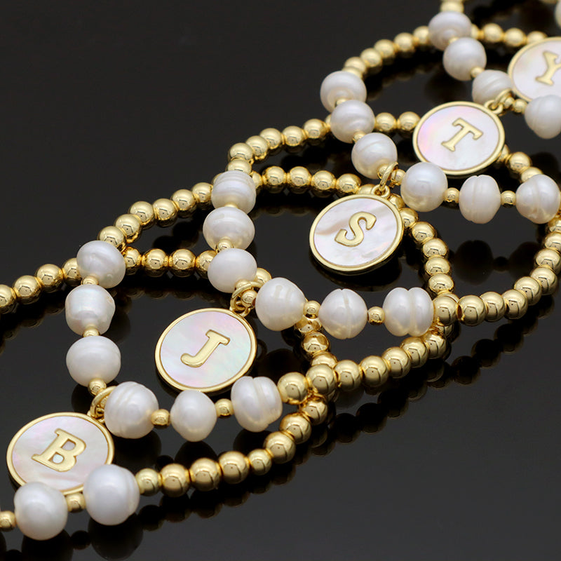 New Design Custom Wholesale Handmade Friendship Gold Plated Brass Bead Women Gift Natural Fresh Water Pearl Bracelet With Letters Shell Pendant