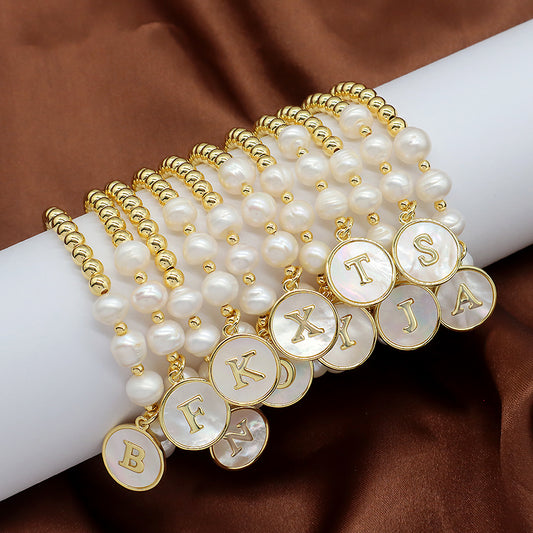 New Design Custom Wholesale Handmade Friendship Gold Plated Brass Bead Women Gift Natural Fresh Water Pearl Bracelet With Letters Shell Pendant